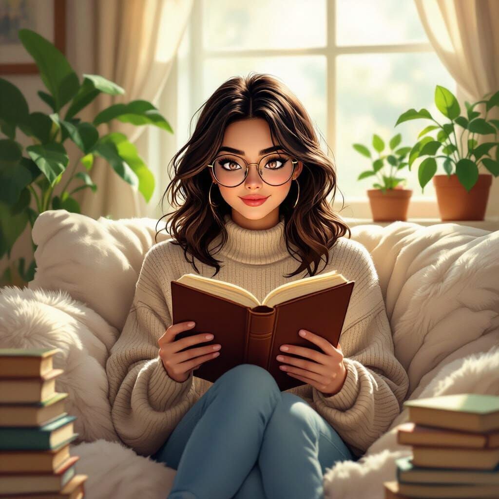 Woman Reading Book in Sunlight, Digital Illustration