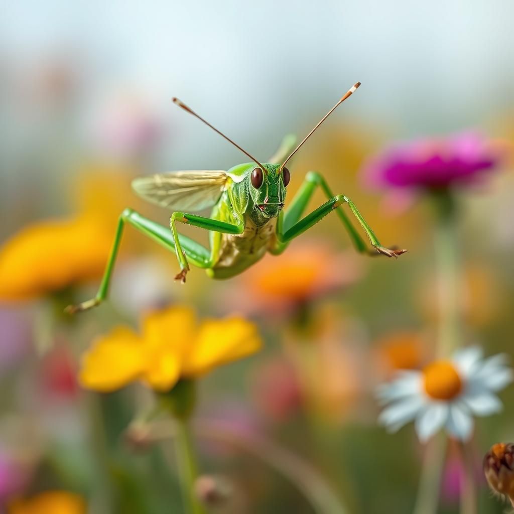Grasshopper Leaping Among Wildflowers in Macro Photography S...