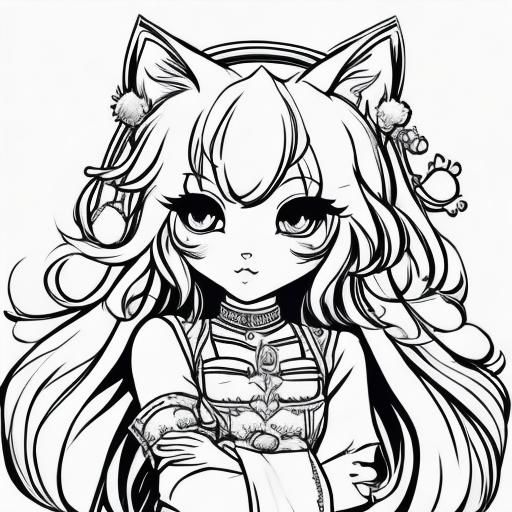 Chibi Cat Girl Coloring Page Line Art