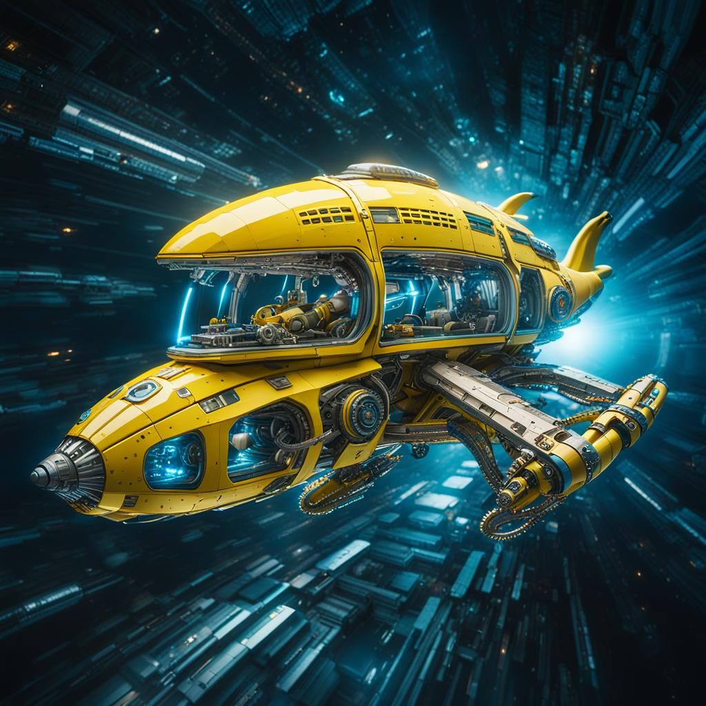 Biomechanical Banana Spaceship in Space: Light Painting Art