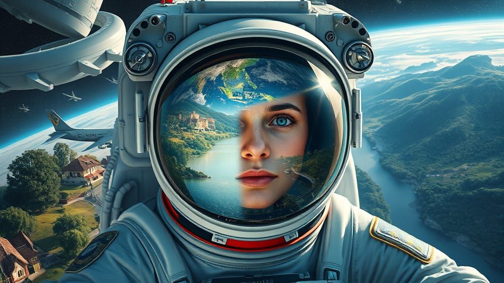 Astronaut Double Exposure with Earth Scene in Hyperrealism