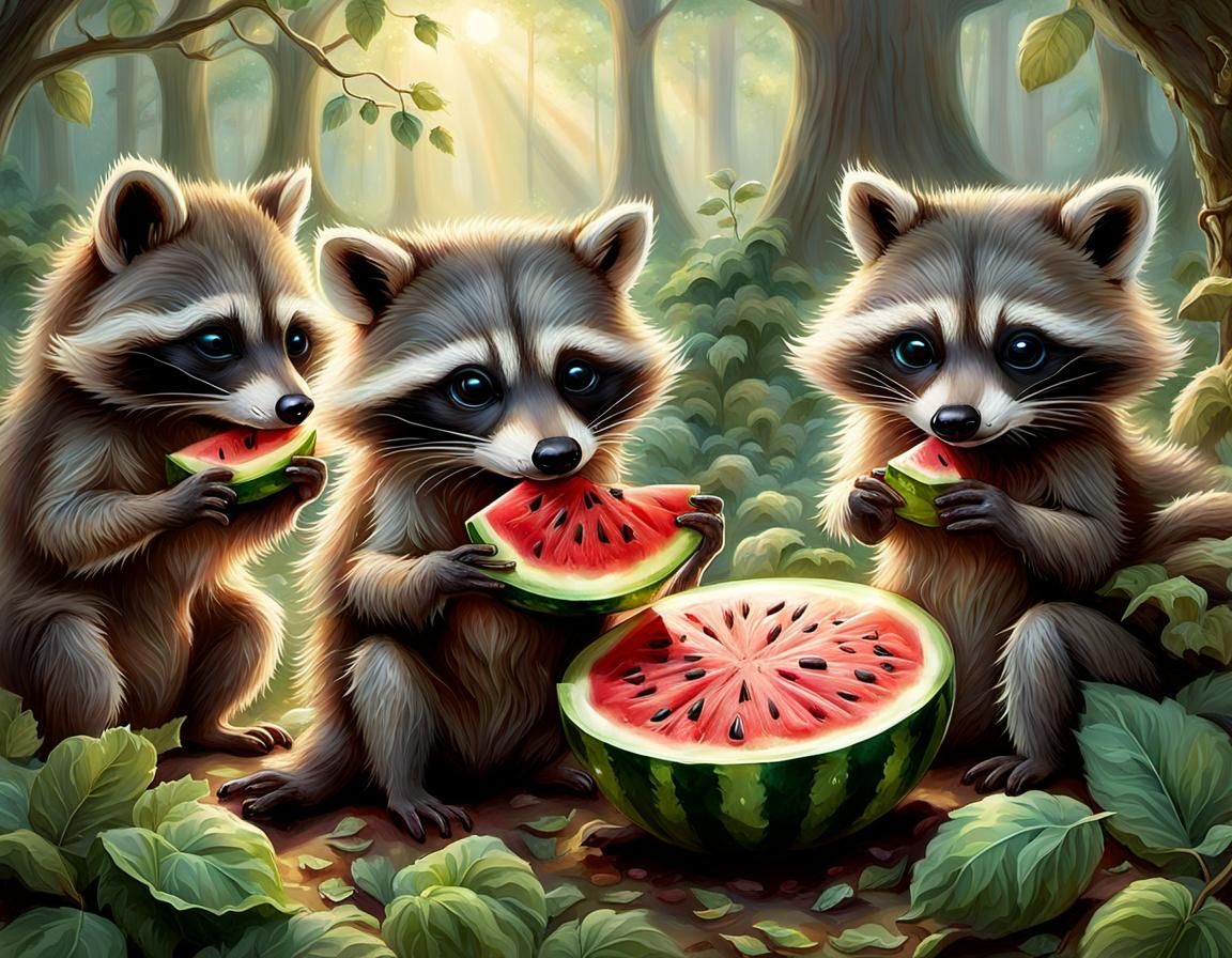 Baby Raccoons Eating Watermelon in Ethereal Forest