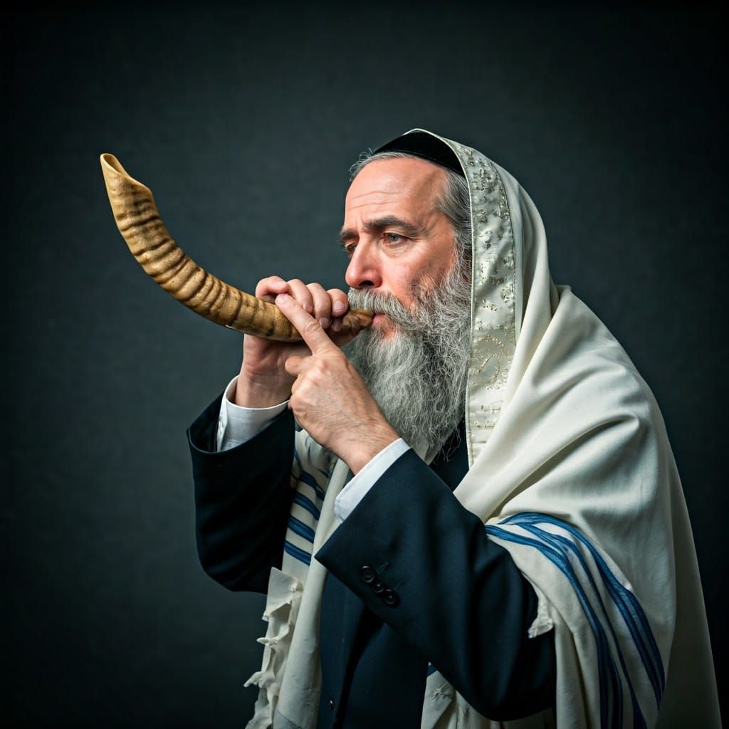 Hasidic Man Blows Shofar with Emotional Expression in Gentle...