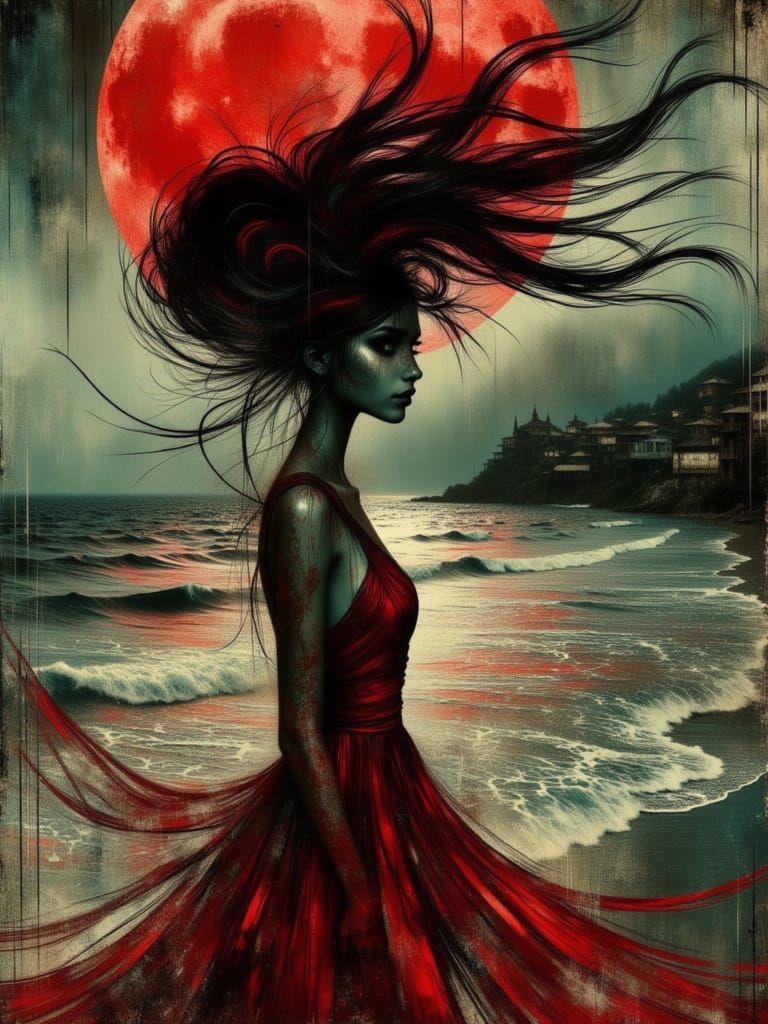 Raven-Haired Woman by Luminous Red Moon on Beach