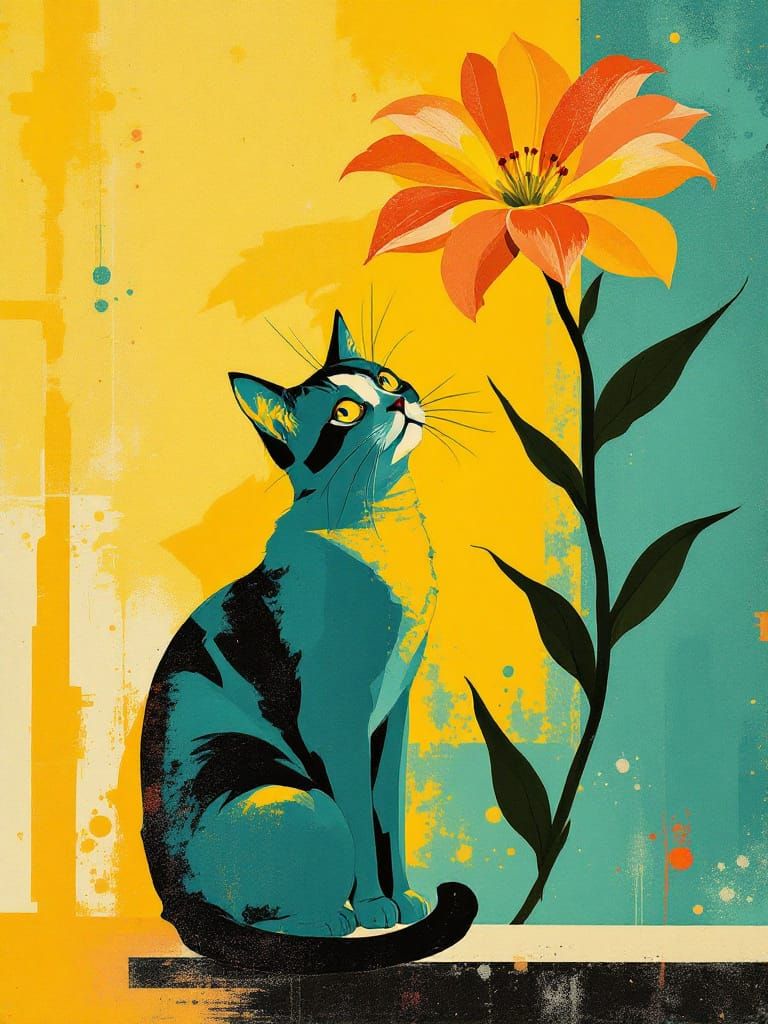 Art Deco Cat Under Orange Bloom, Grunge Textures