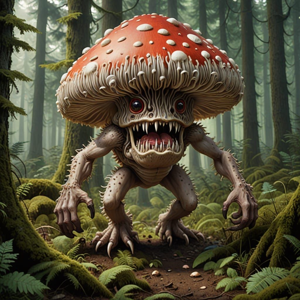 A crazy mushroom monster stomping through the forest.
