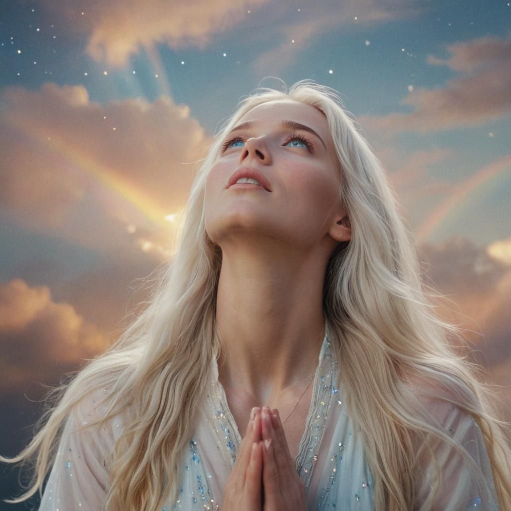 Dreamy Film Still of Spiritual Woman Praying