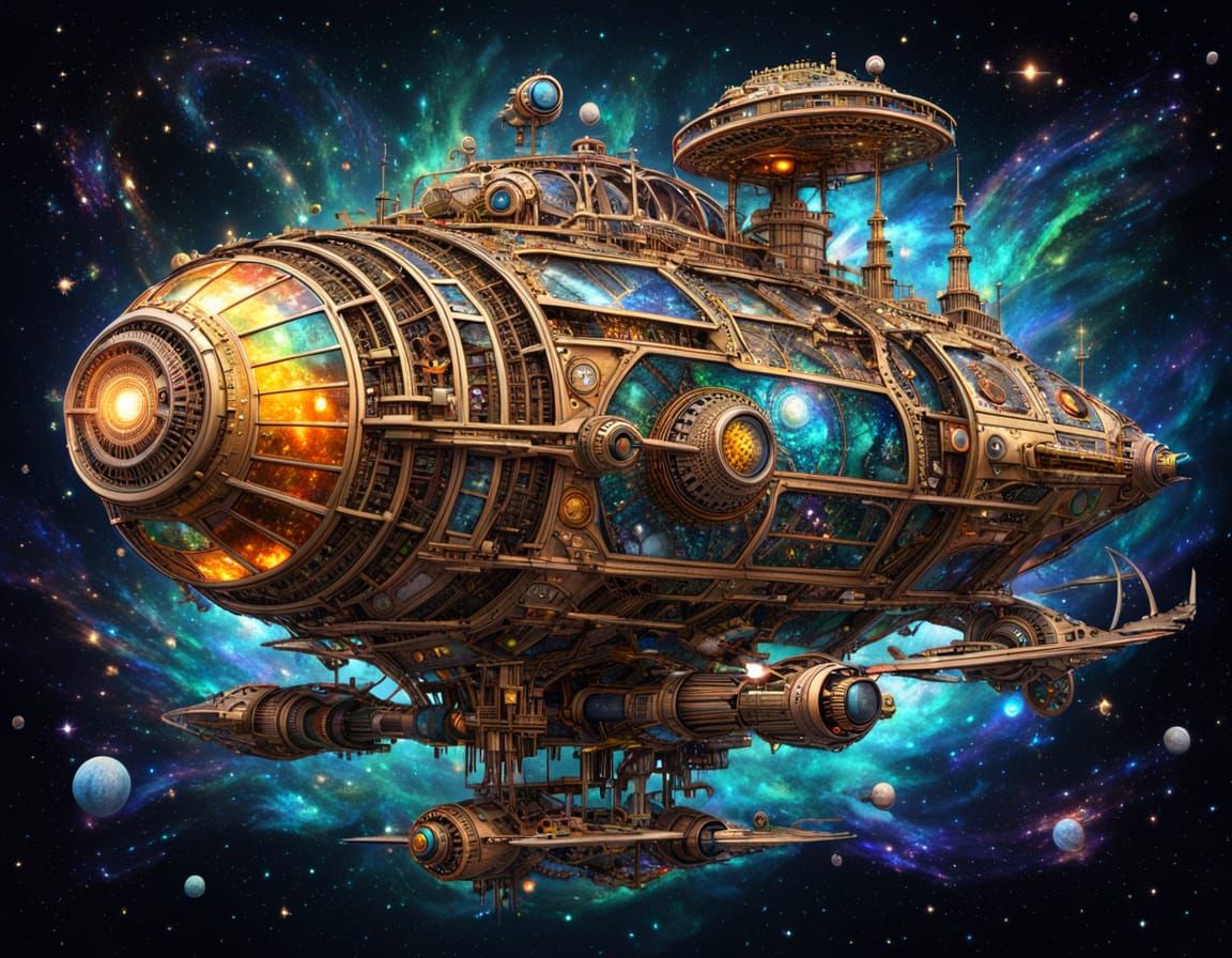 Steampunk Starship of Gears and Crystal in Cosmic Flight