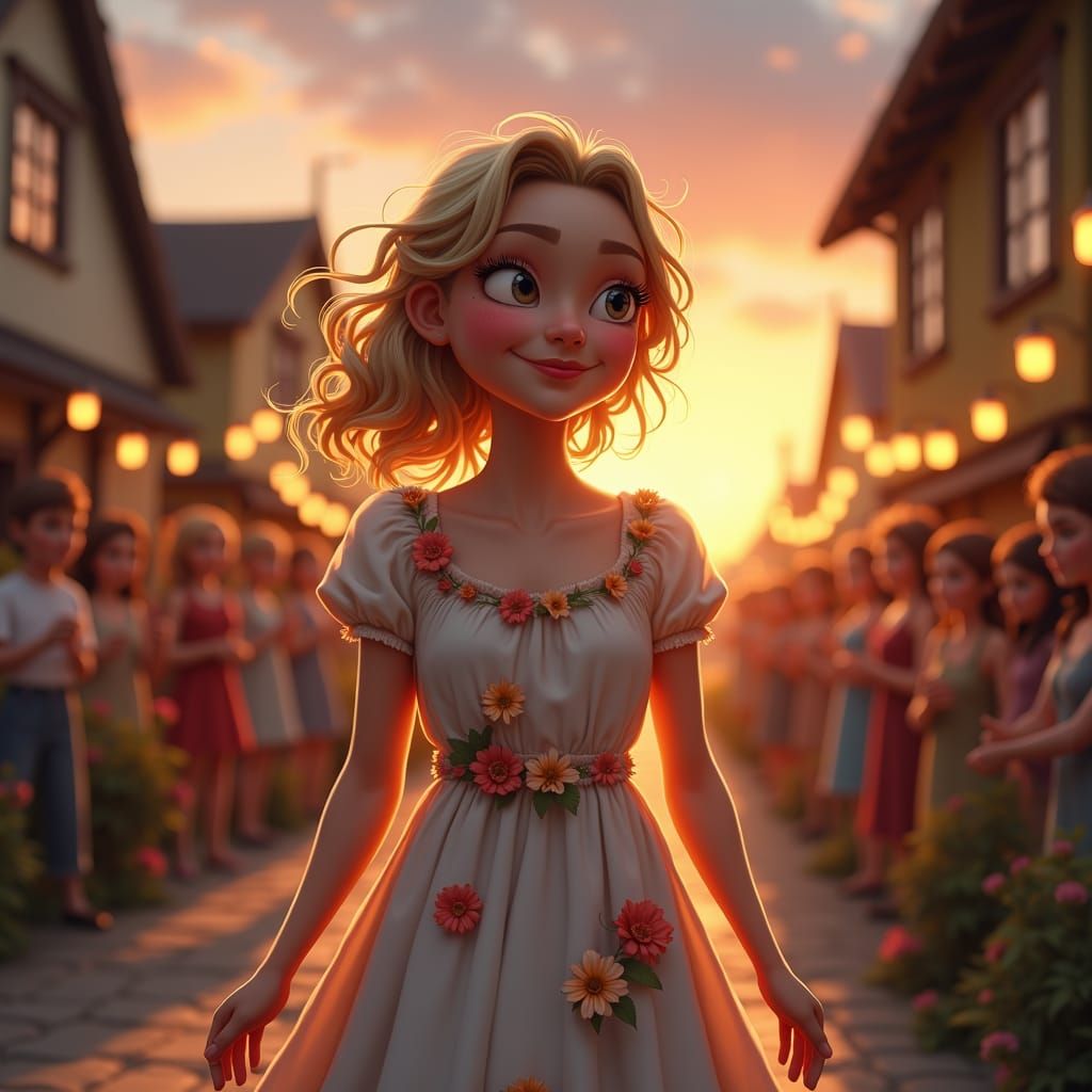Lilia's Joyful Moment in a Village at Sunset
