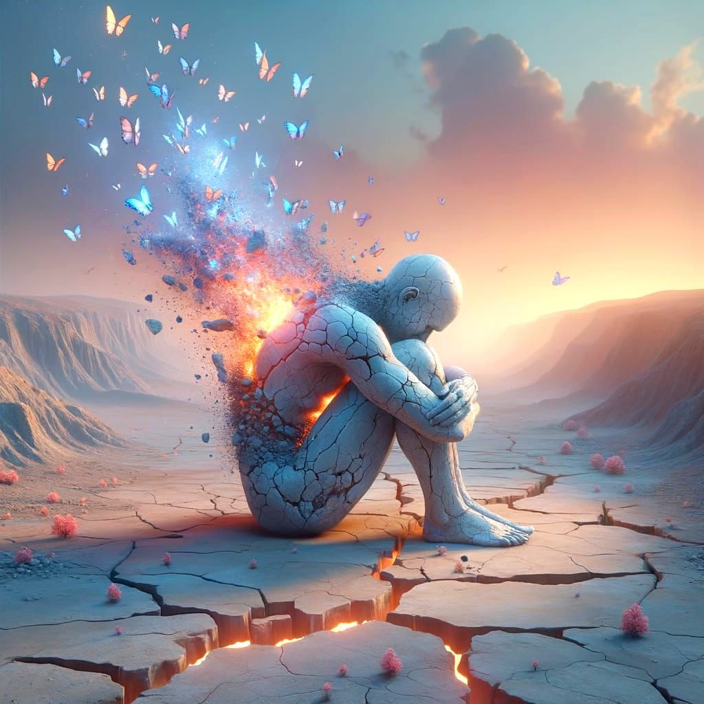 Surreal Blue Butterfly Emanations from a Cracked Stone Figur...