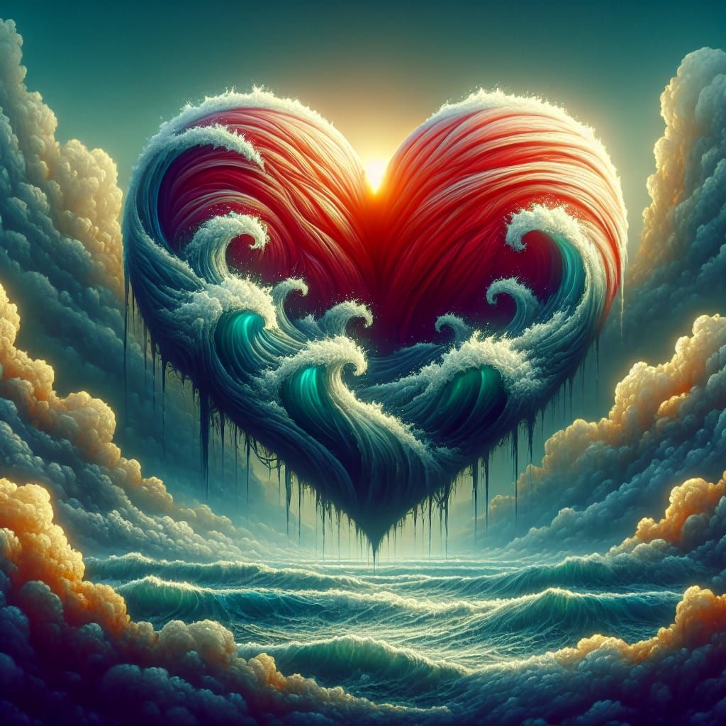 Fantastical Heart Encapsulating Sea Waves Under Stormy Sky