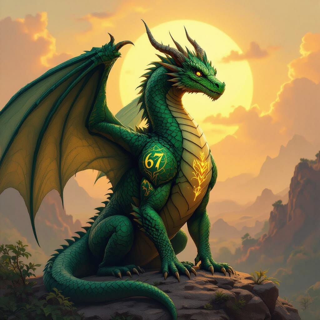 Emerald Dragon with '67' Tattoo in Mustard Hues