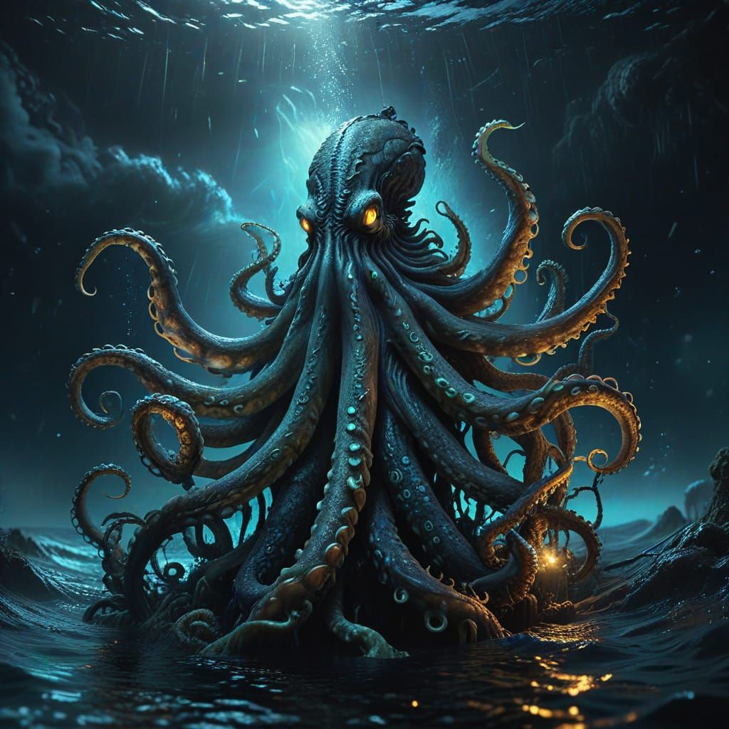 Kraken in Ethereal Ocean, Dark Fantasy Art