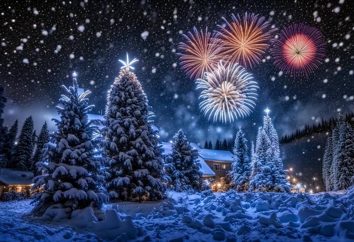 Spectacular Fireworks Display Over Christmas Trees