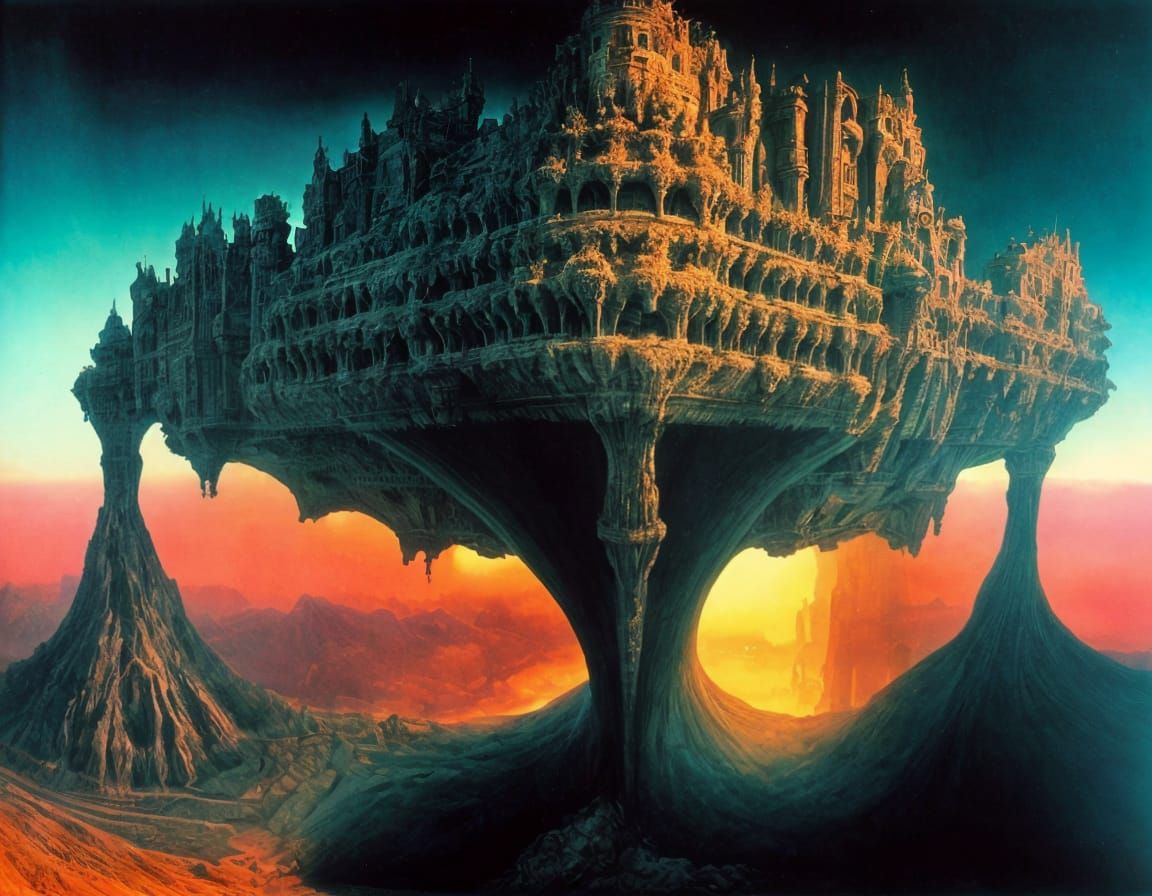 Surreal Castle Landscape in Dark, Twisted Realism