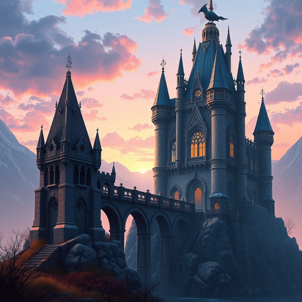 Majestic Fantasy Castle at Dusk Digital Illustration
