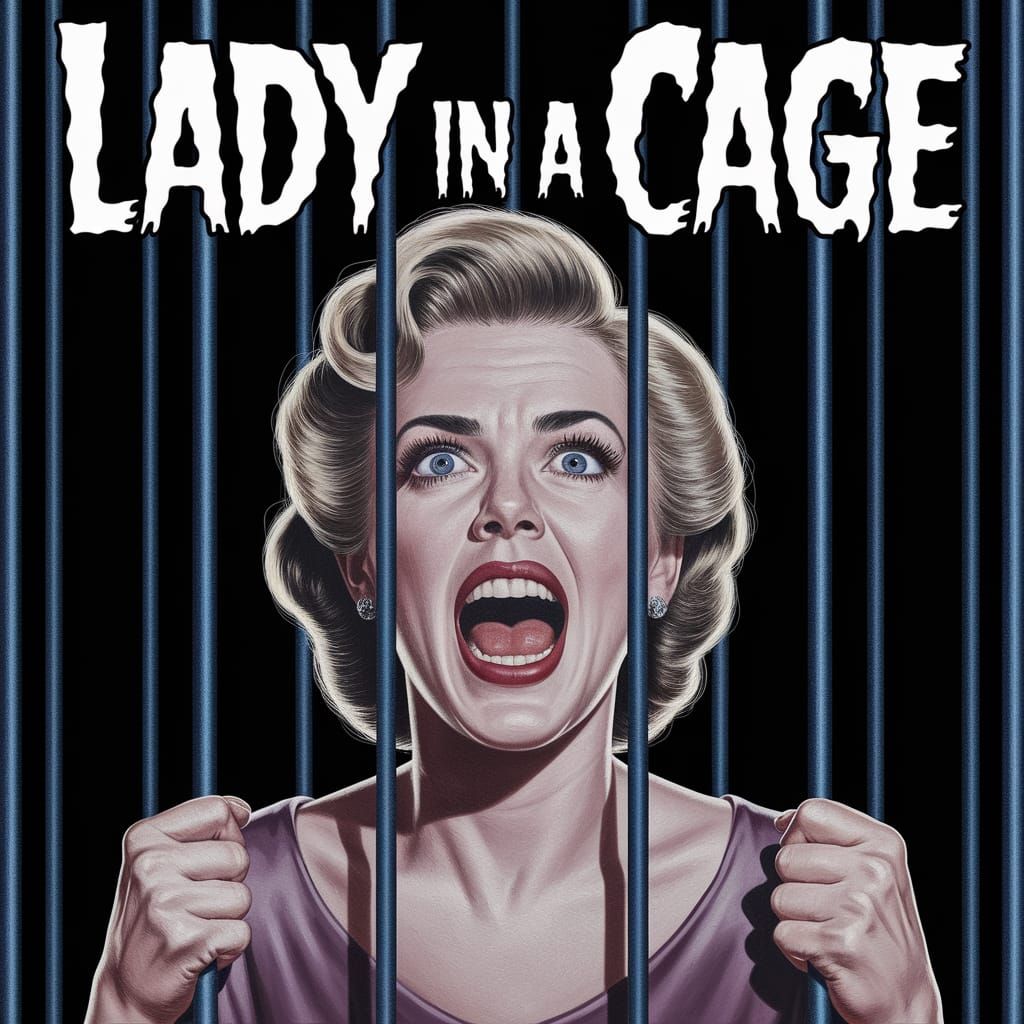 Terrified Woman in Cage: Retro Horror Oil Painting