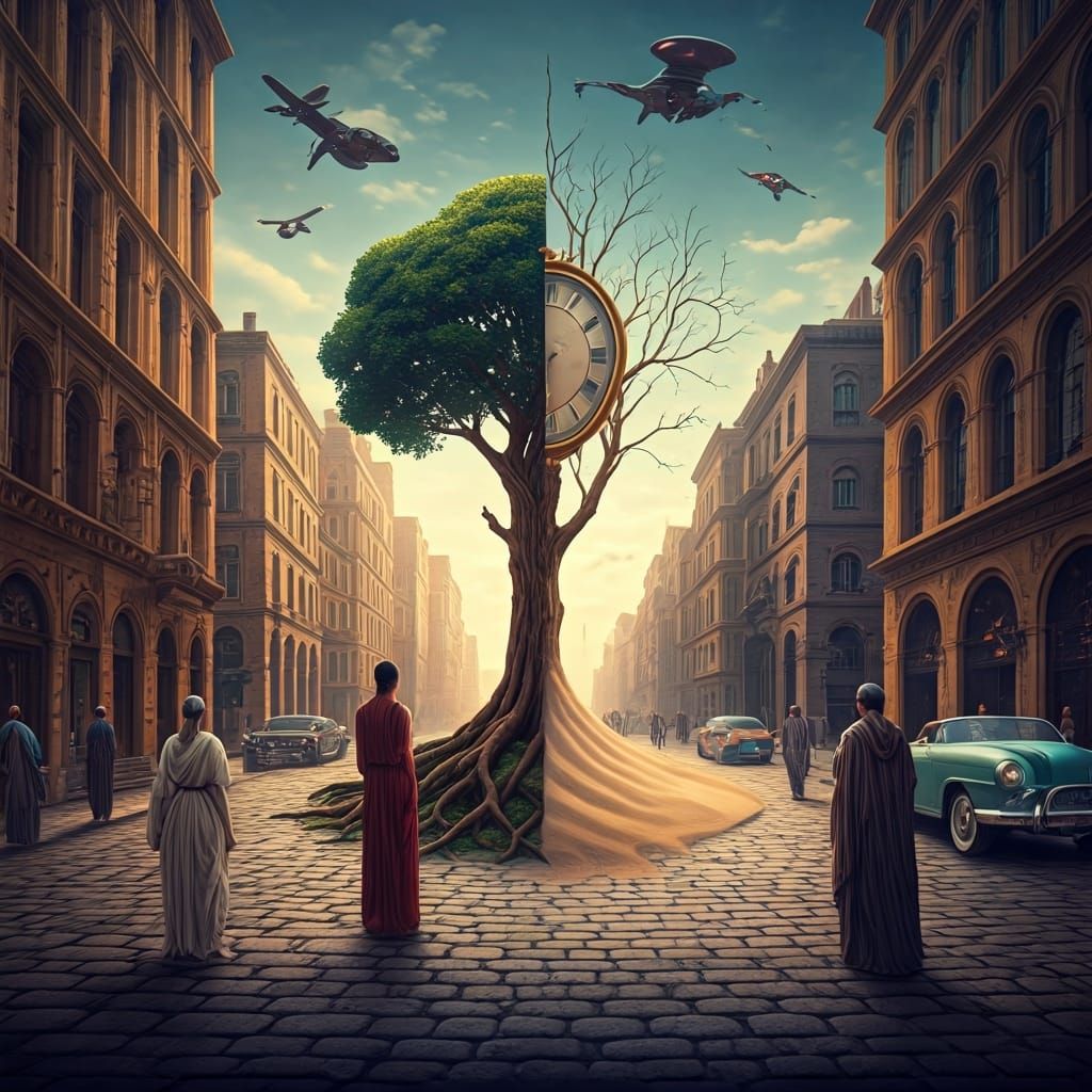 Cityscape of Combined Eras in Surreal Style