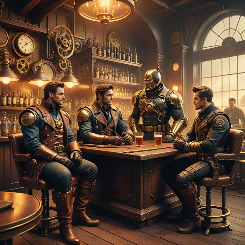 Steampunk Superheroes Relaxing at a Night Bar