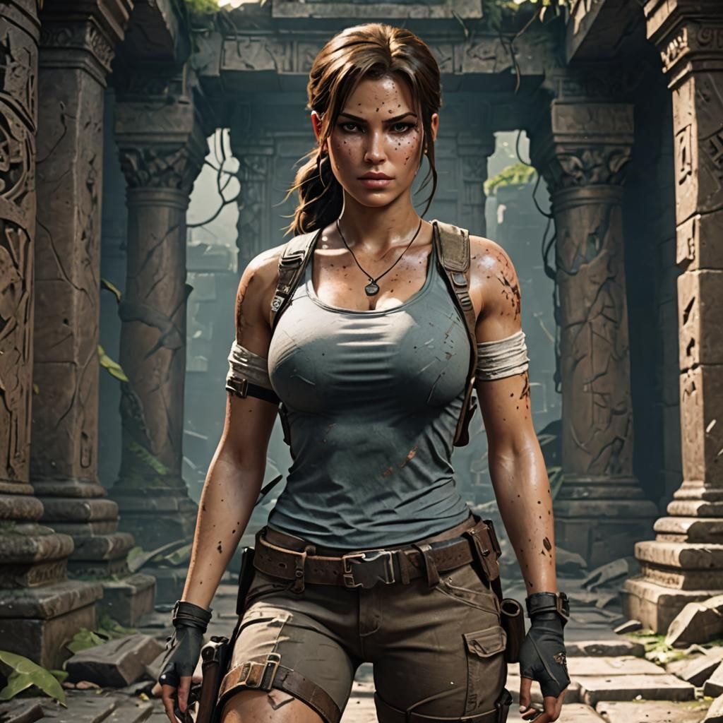 Lara Croft-Inspired Adventurer Surviving in Ancient Temple