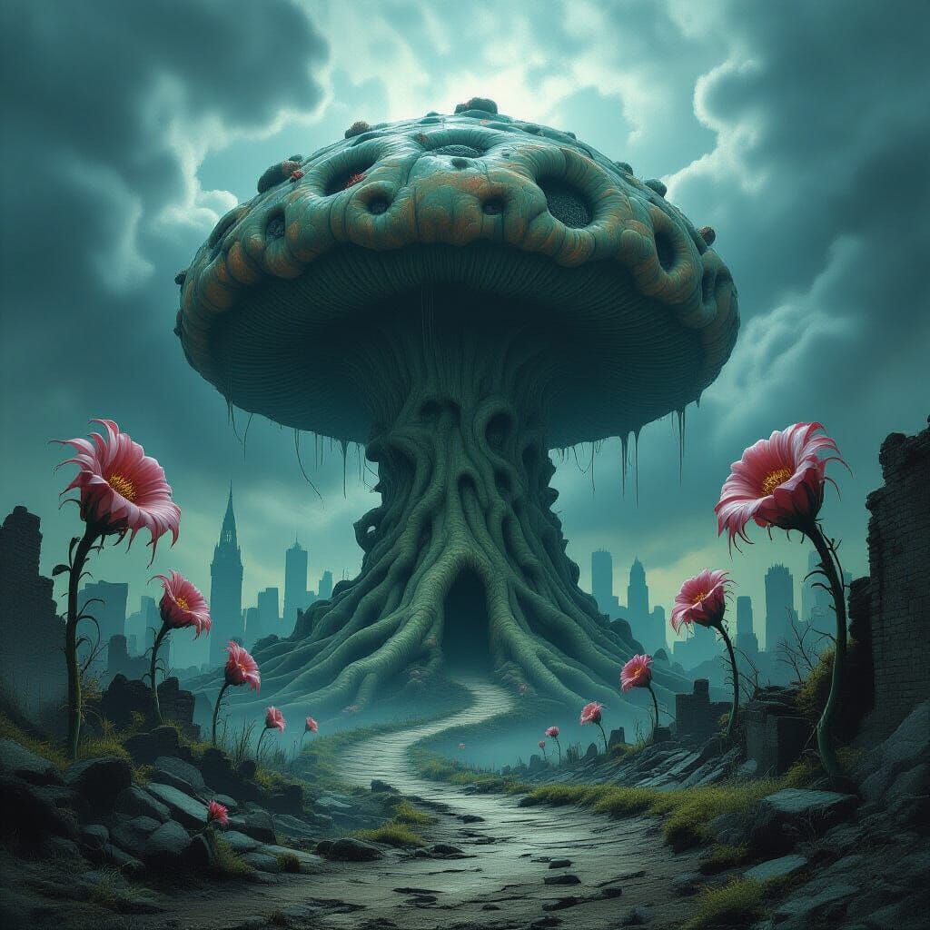 Terrifying Mushroom Invasion in Surreal Horror Style