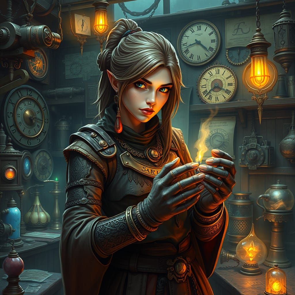 Steampunk Artificer Amidst Clockwork Wonders