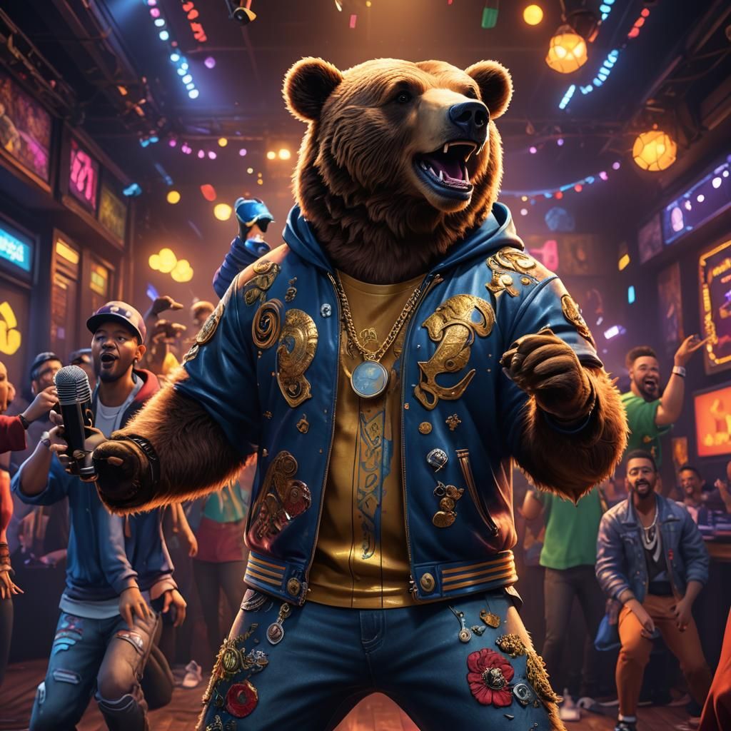 Hip Hop Bear Singing Karaoke: Detailed Matte Painting