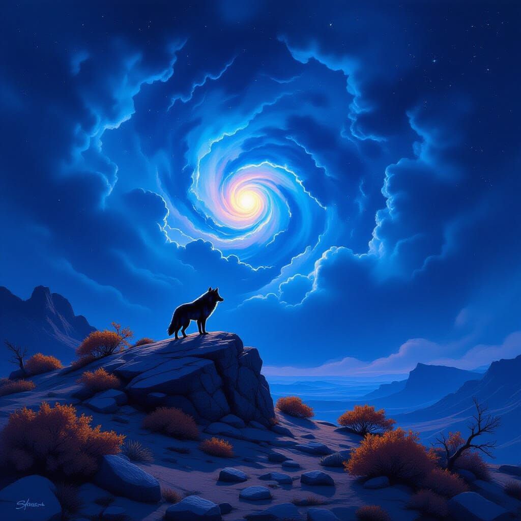 Lone Wolf Under Swirling Nebula in Sci-Fi Matte Painting Sty...