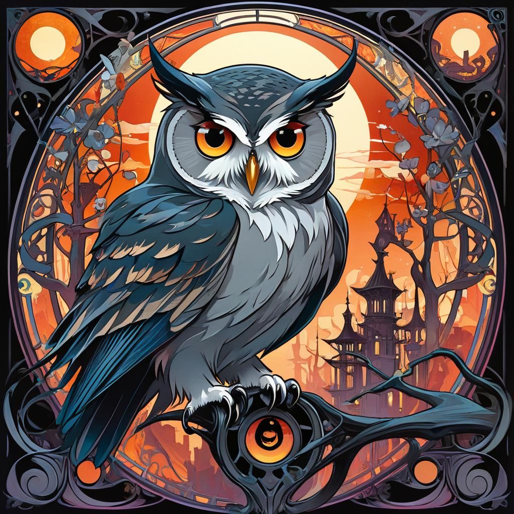 Twilight Owl Prophecy in Art Nouveau Style