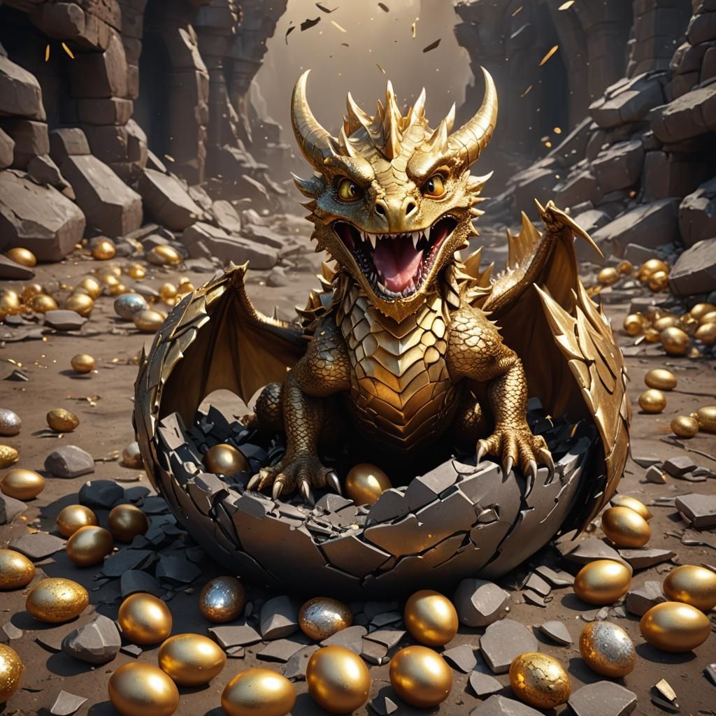 Golden Dragon Hatching, Detailed Fantasy Art