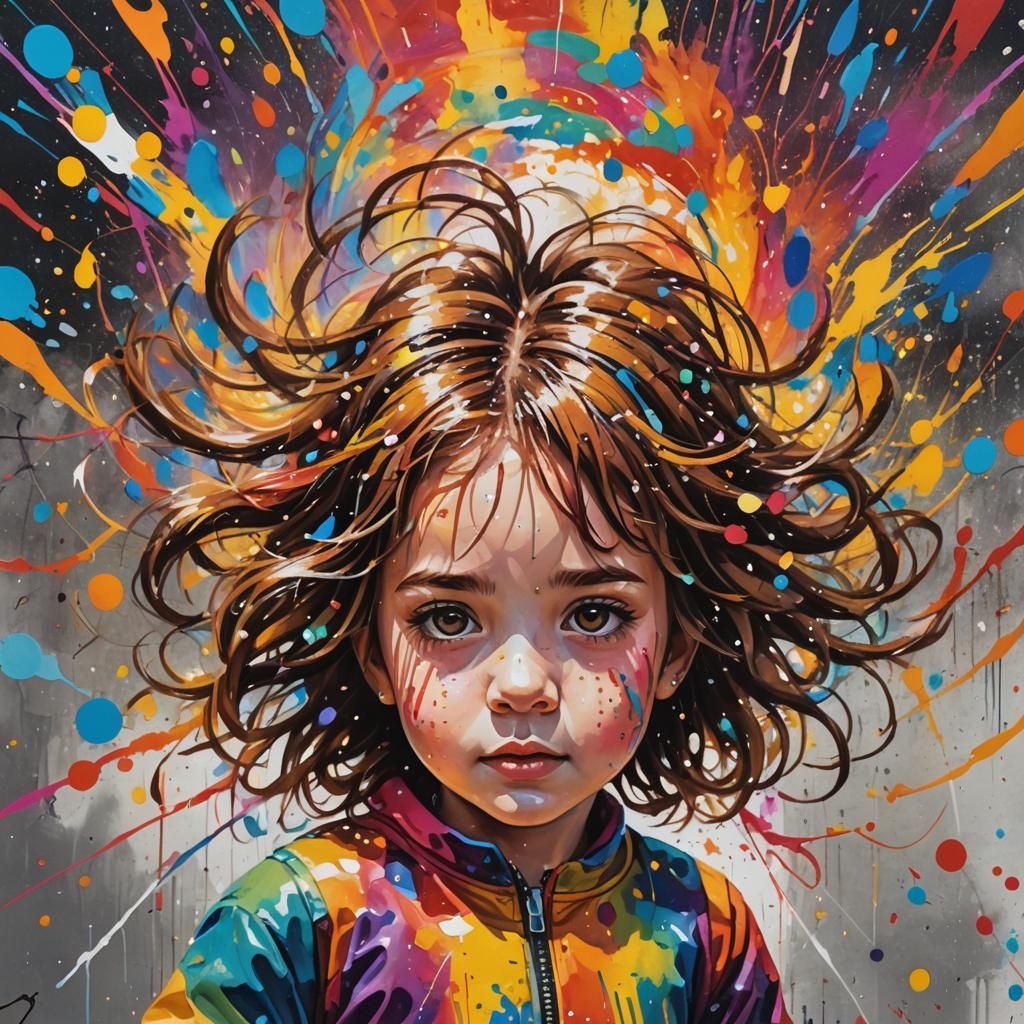 Girl in Rainbow Tornado: Vibrant Street Art Portrait