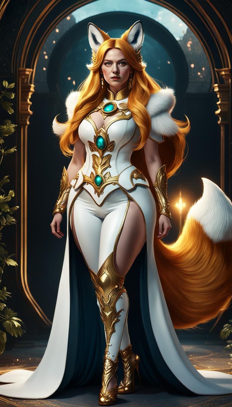 Fox-Eared Woman in White Armor: Fantasy Art