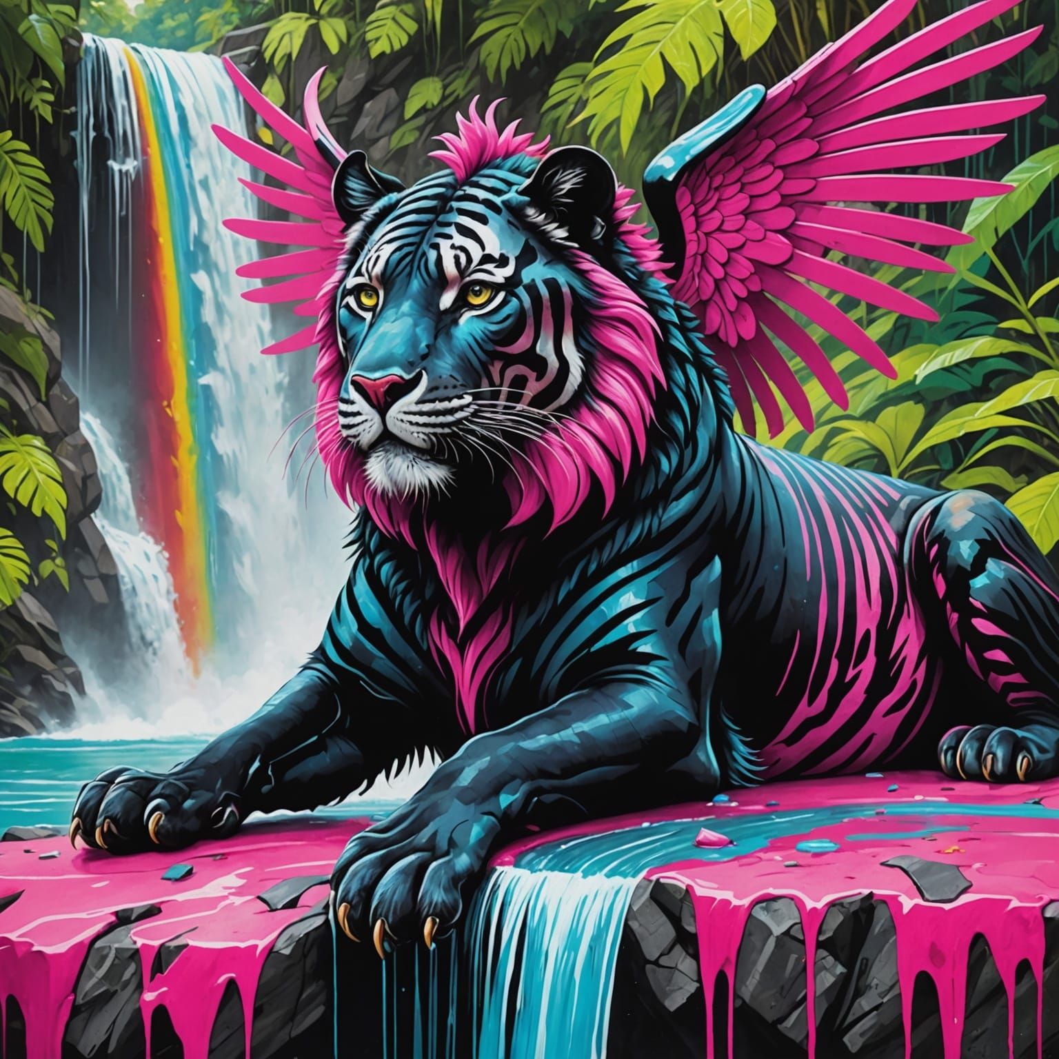 Black Liger with Pink Stripes by Waterfall