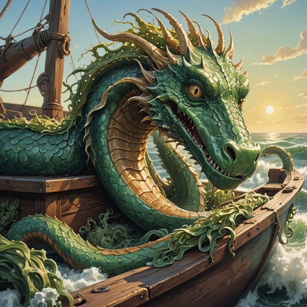 Seasick Sea Serpent in a Rickety Boat