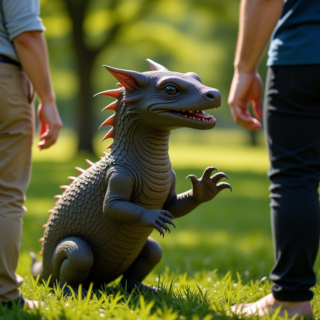 Gigantic Baby Dragon Playfully Gazes at Humans