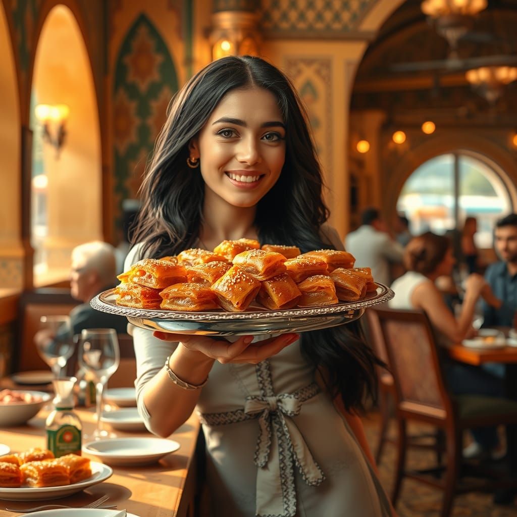 Jordanian Waitress Serving Baklava, Fantasy Oil Painting