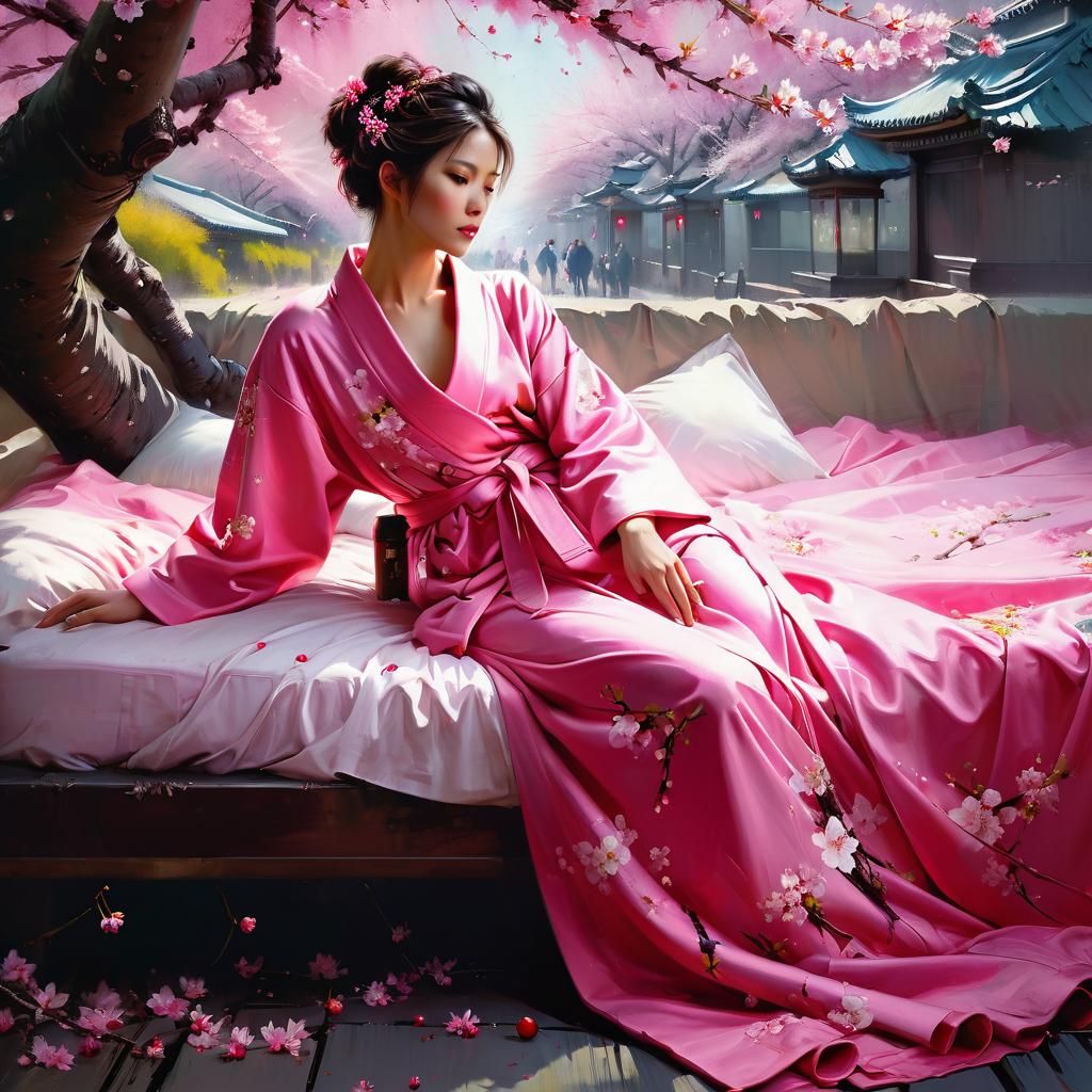 Woman in Cherry Blossoms: Matte Painting Style