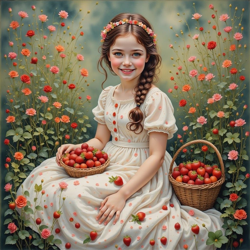 Smiling Girl with Strawberries in Impressionistic Style