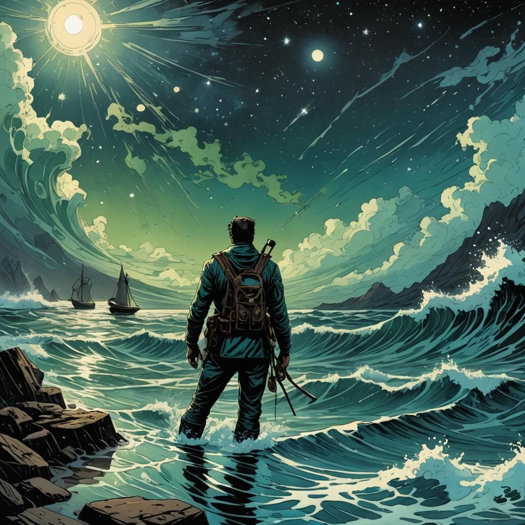 Surreal Seascape with Drowned Sailor in Comic Style