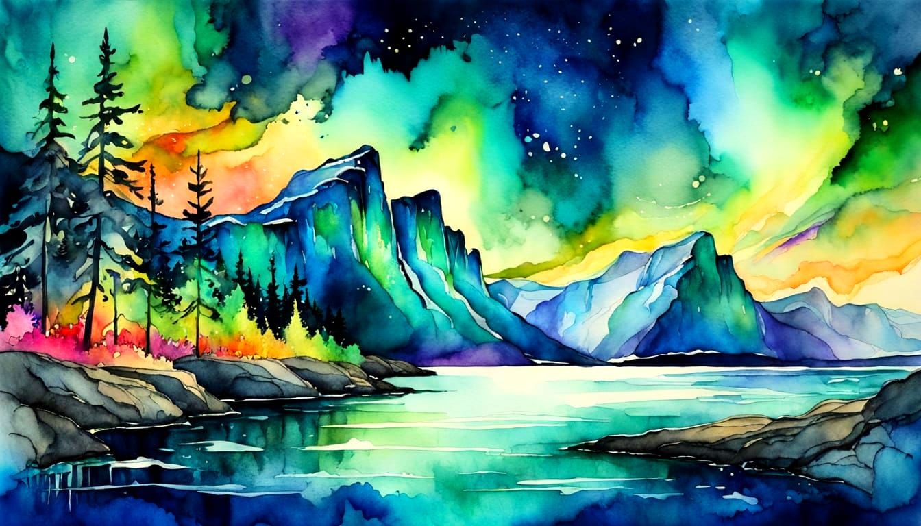 Northern Lights Over Sea in Watercolor and Alcohol Ink