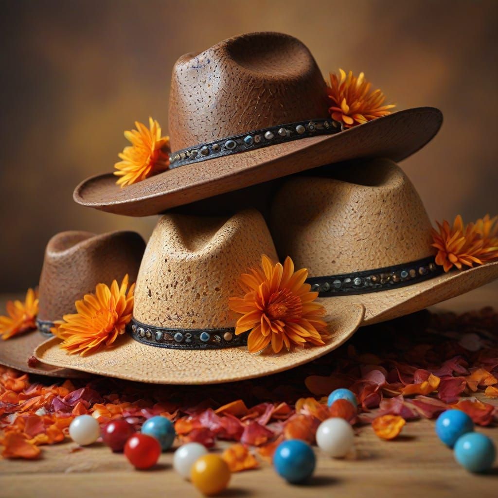 Unique Hats: Walnut, Flower Petal, and Glass Marble Designs