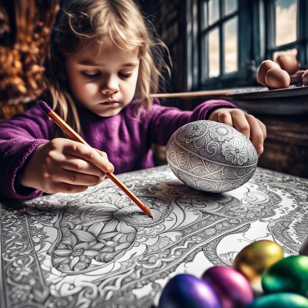 Little Girl Colors Easter Egg: Hyperrealistic Image