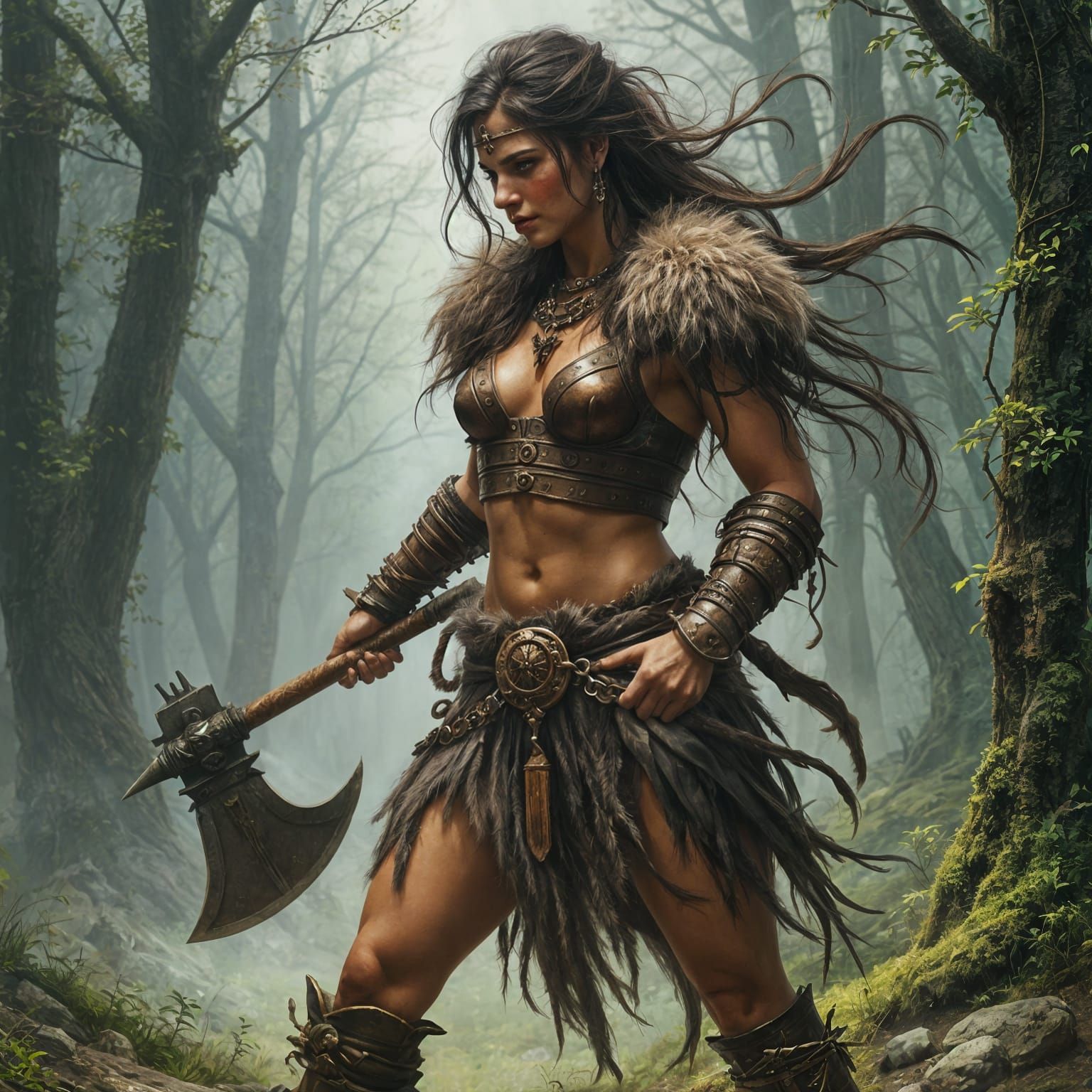 Fierce Barbarian Maiden in a Dazzling Painterly Style