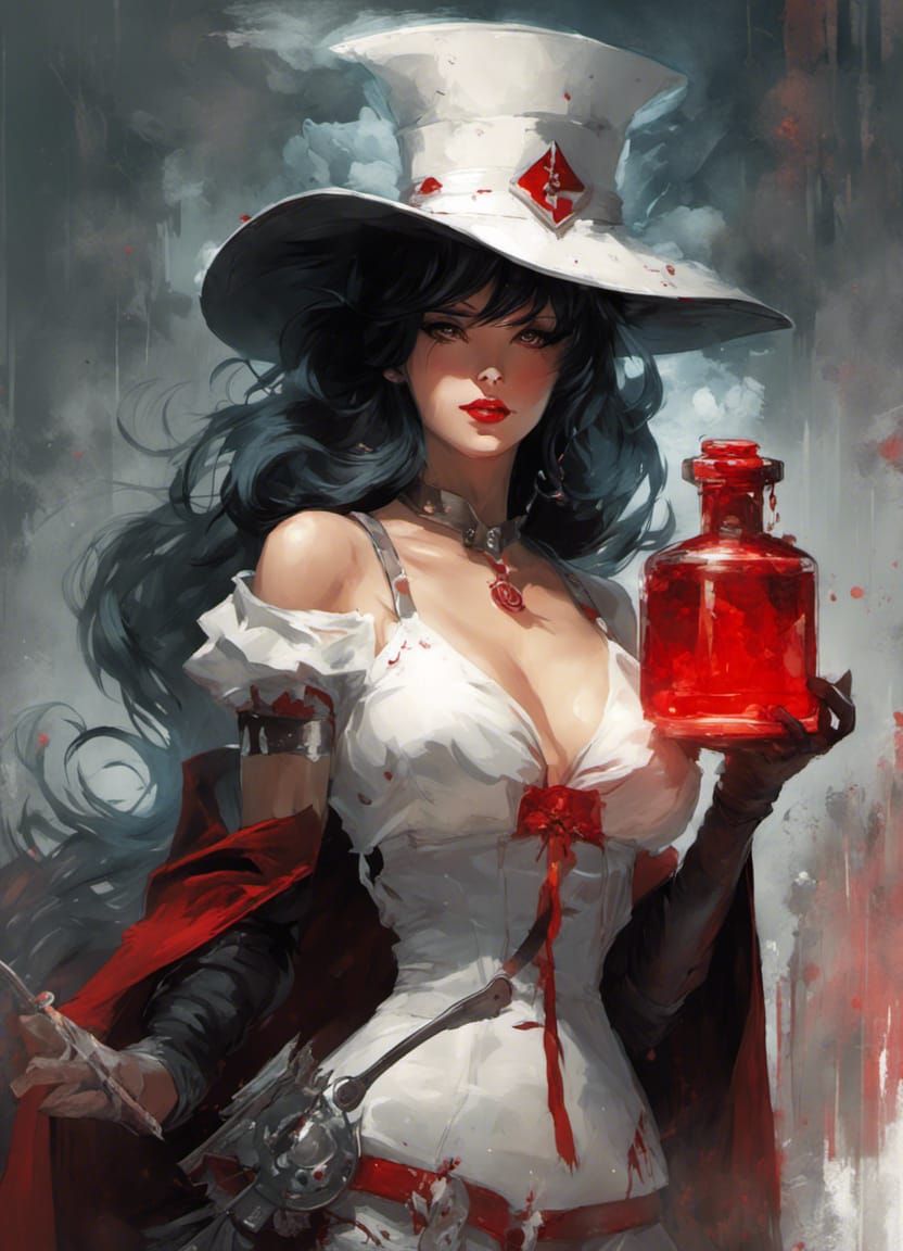 Nurse Witch with Red Potions in Pin-Up Style