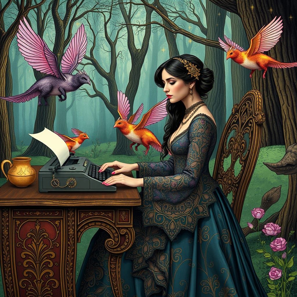 Woman in Art Nouveau Gown Typing in Dreamlike Forest