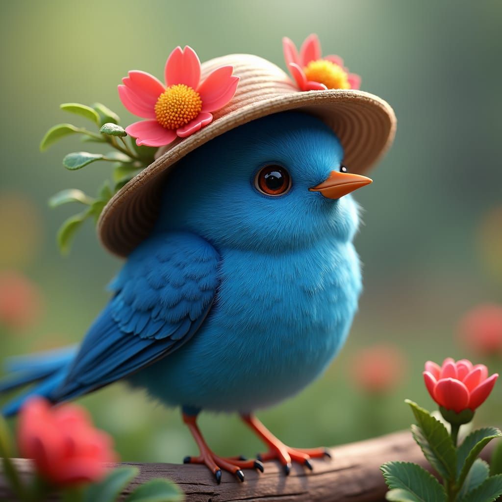 Bluebird in Floral Hat, Detailed Fantasy Art