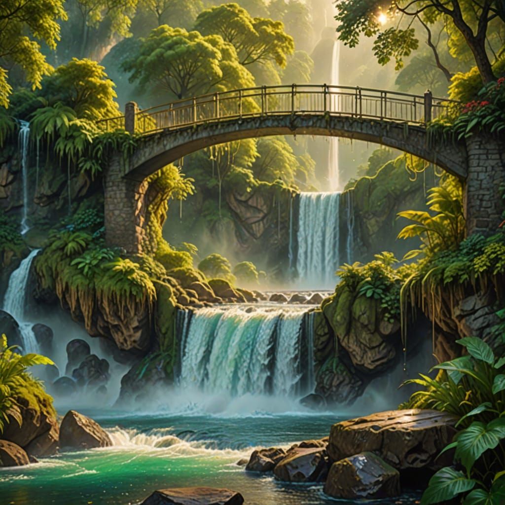 Breathtaking Waterfall and Bridge Landscape in Vibrant Oil S...