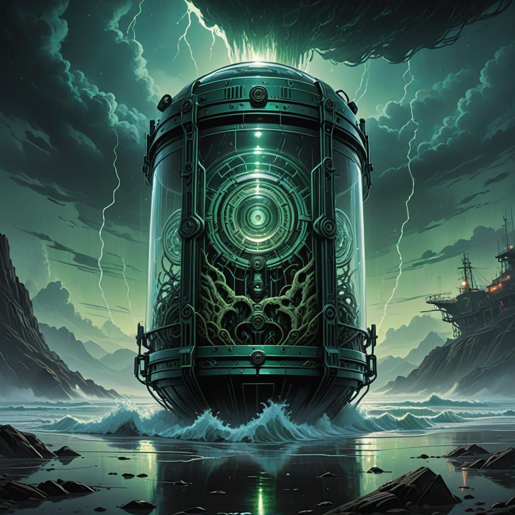 Cyberpunk Biomechanical Vessel in Turbulent Waves