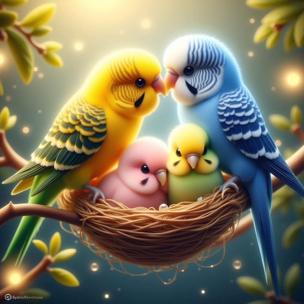 Vibrant Budgerigar Family in Artistic Nest - Digital Paintin...