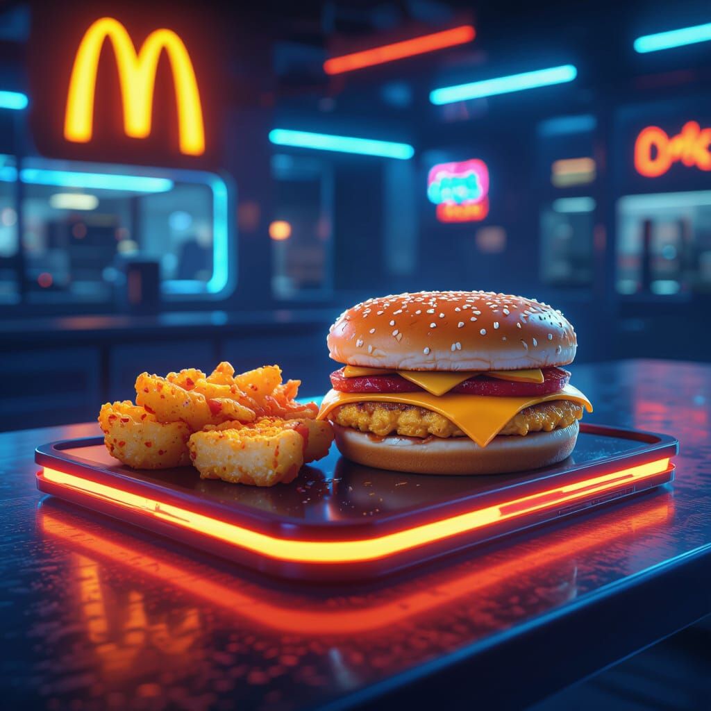 Cyberpunk McDonald's Breakfast on Neon Counter